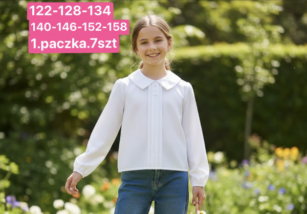 Koszule dziewczęce Roz 122-158, 1 kolor Paczka 7 szt